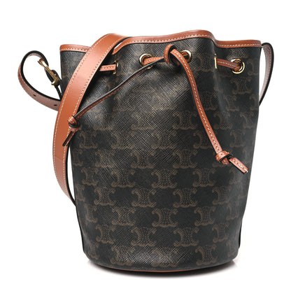Celine Triomphe Canvas Calfskin Small Drawstring Bucket Bag Tan 1 of 11
