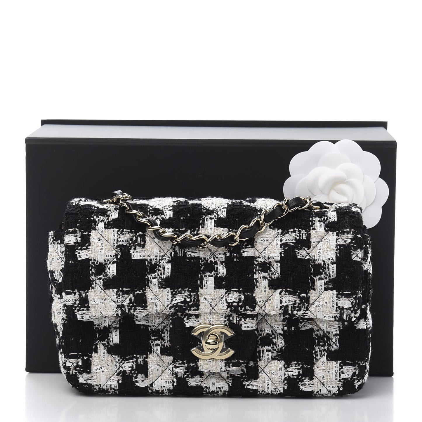 Tweed Quilted Mini Rectangular Flap Black Ecru White