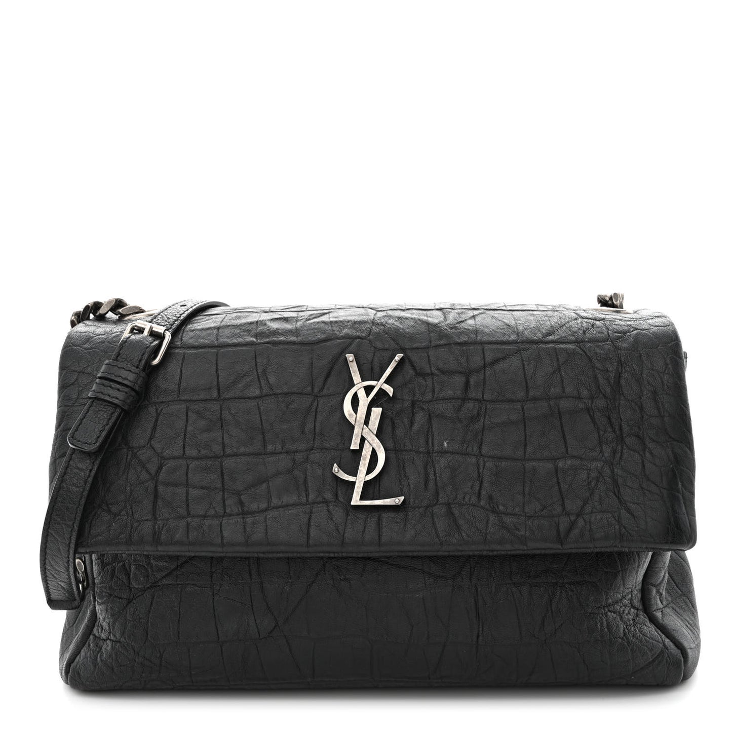 Calfskin Crocodile Embossed Medium West Hollywood Monogram Fold-Over Black