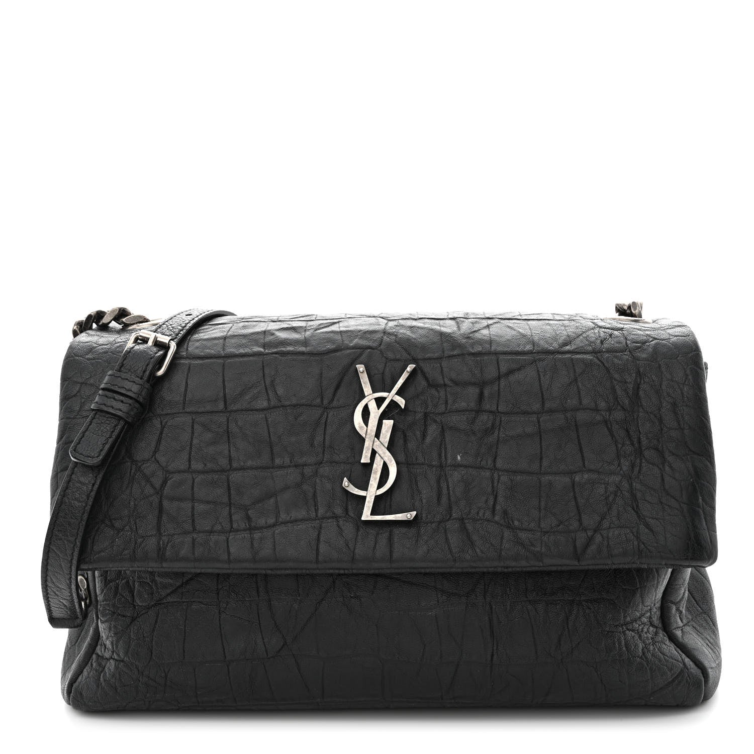 Saint Laurent Calfskin Crocodile Embossed Medium West Hollywood Monogram Fold-Over Black 1 of 12