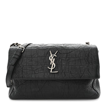 Saint Laurent Calfskin Crocodile Embossed Medium West Hollywood Monogram Fold-Over Black 1 of 12