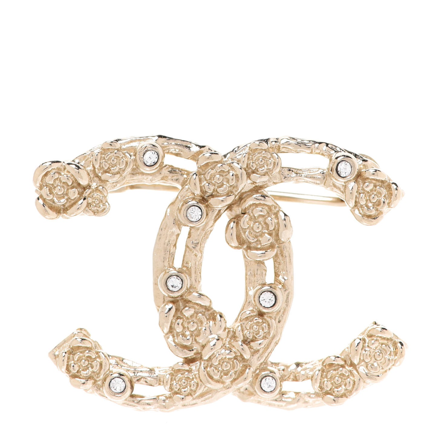 Metal Crystal Camellia CC Brooch Light Gold