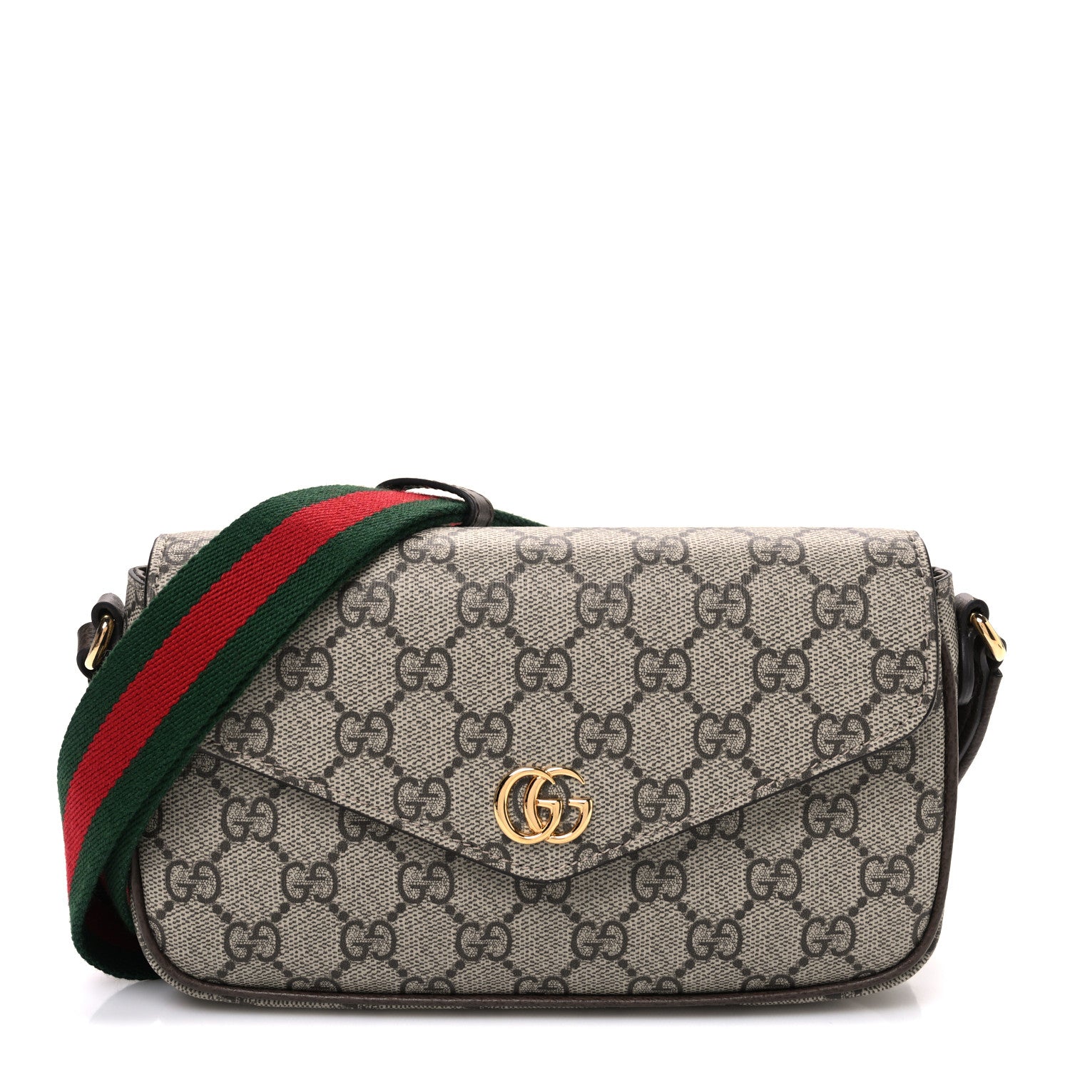 Gucci GG Supreme Monogram Textured Dollar Calfskin Web Mini Ophidia Envelope Shoulder Bag Beige Ebony New Acero 1 of 10
