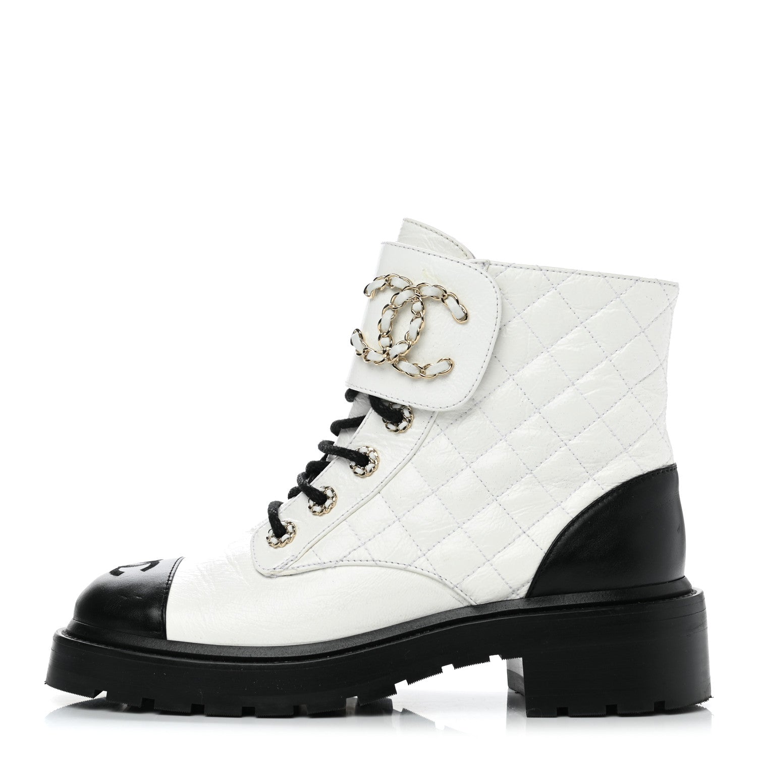 Chanel Shiny Goatskin Calfskin Quilted Lace Up Combat Boots 38 Ivory Black 1 of 9