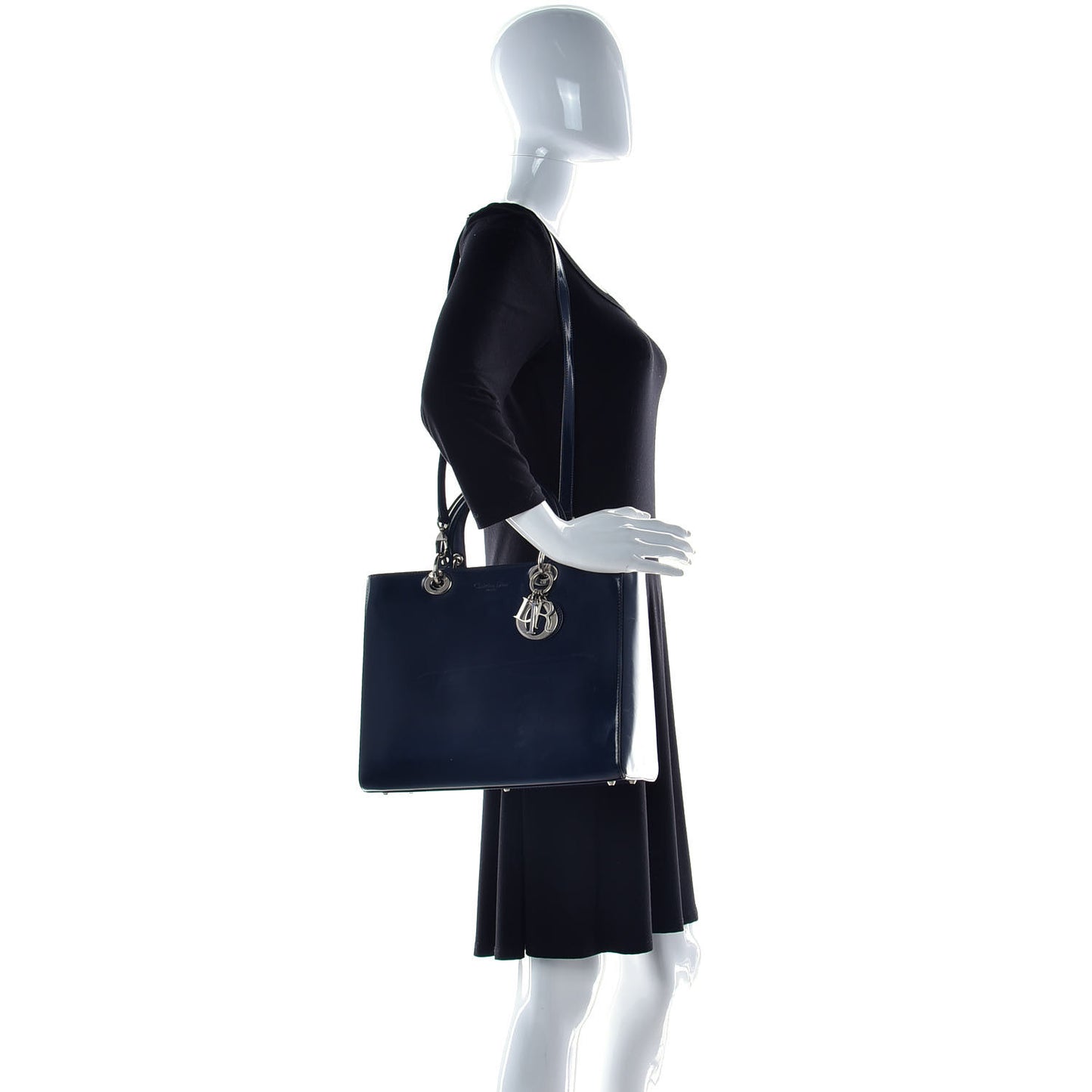 Glazed Calfskin Large Lady Dior Dark Blue