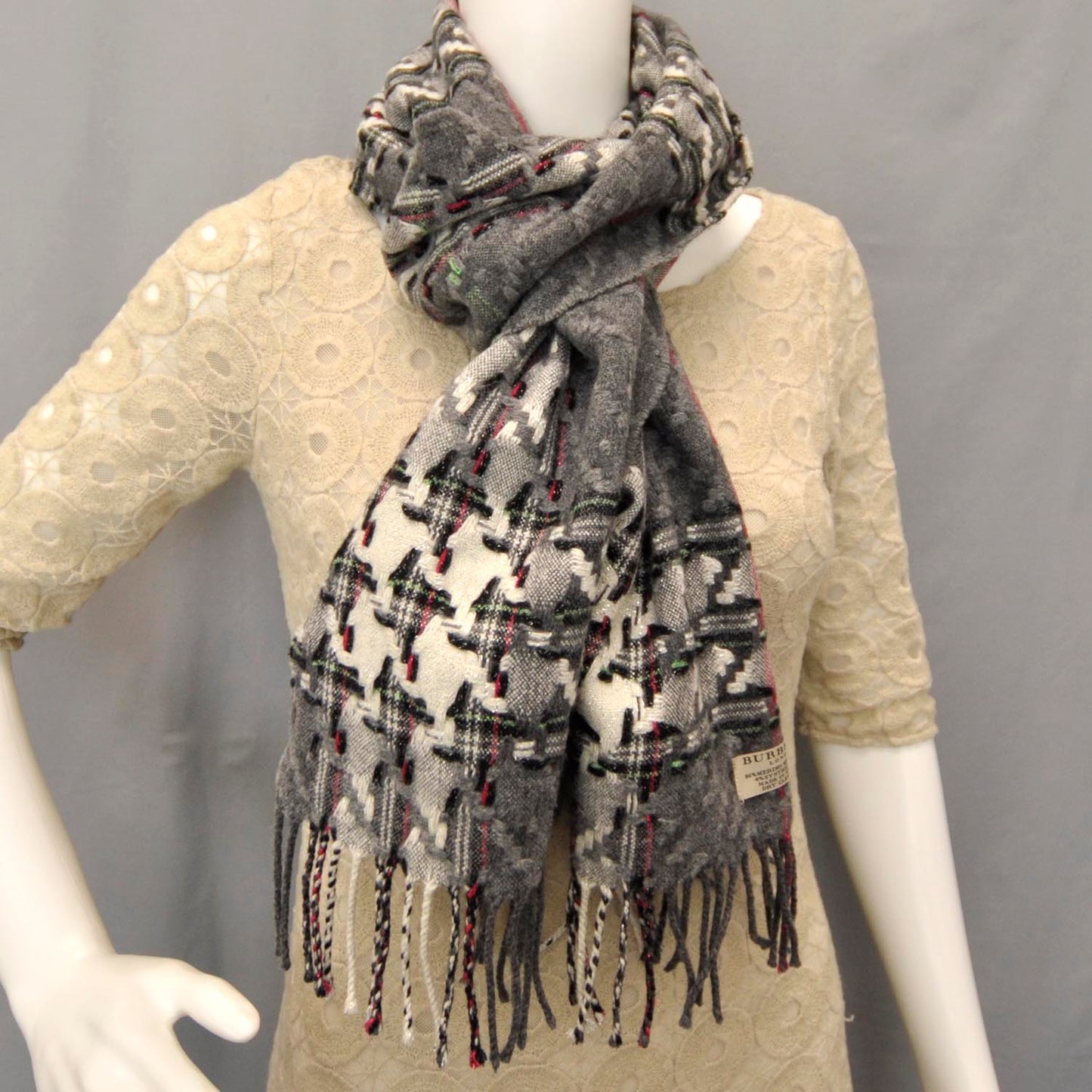 Merino Wool Cashmere Check Scarf Grey