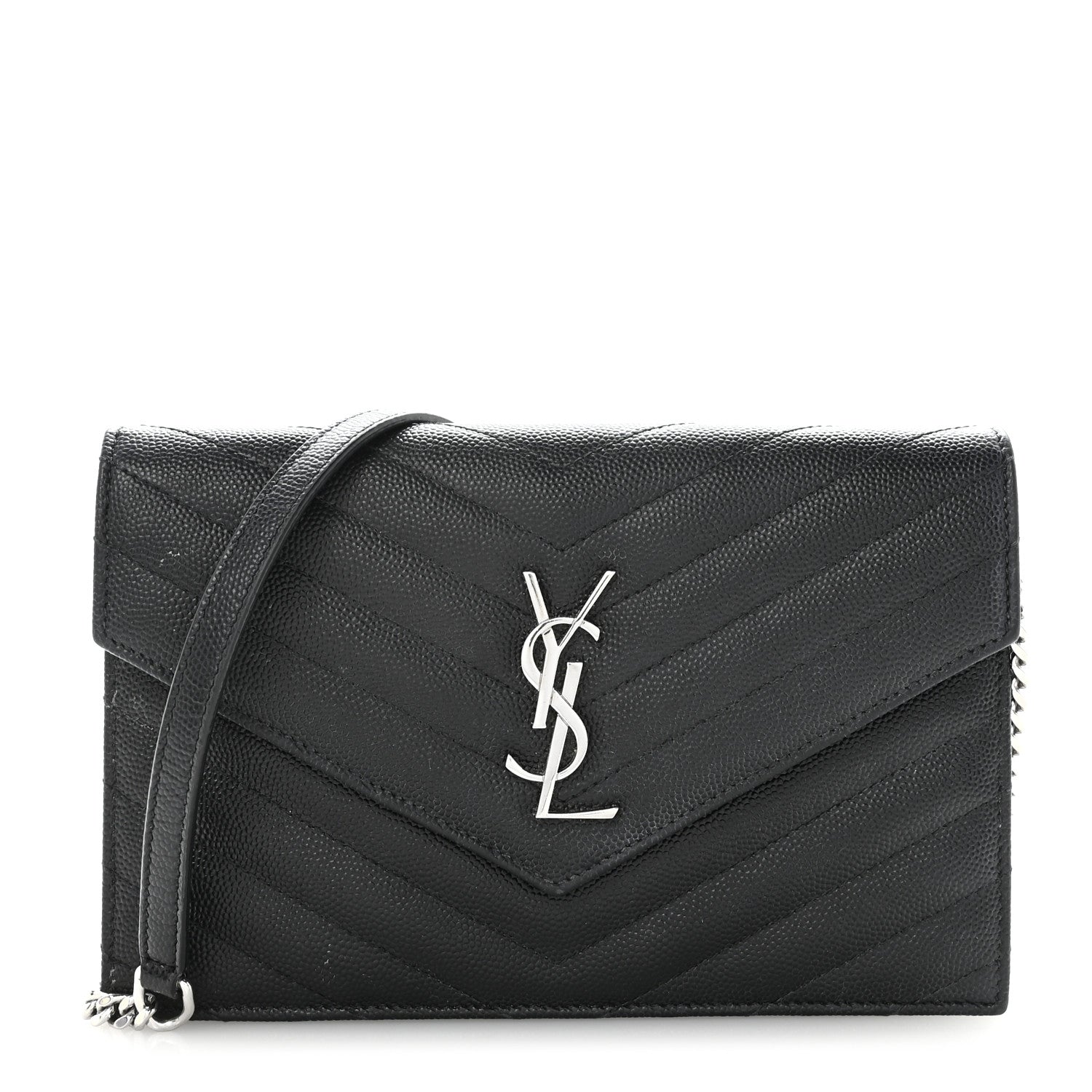 Saint Laurent Grain De Poudre Matelasse Chevron Monogram Envelope Chain Wallet Black 1 of 10