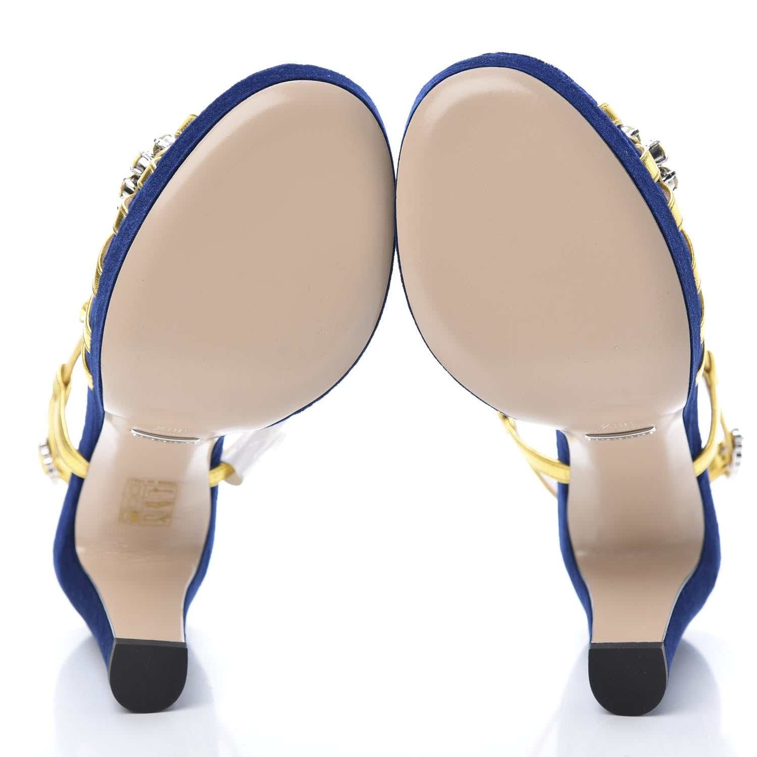 Gucci Velvet Nappa Crystal Zephyra Slingback Platform High Heel Sandals 36.5 Blue Gold 5 of 10