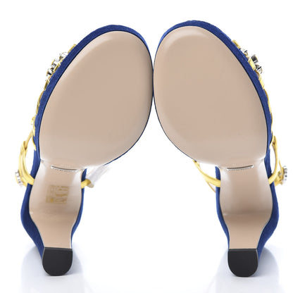 Gucci Velvet Nappa Crystal Zephyra Slingback Platform High Heel Sandals 36.5 Blue Gold 5 of 10