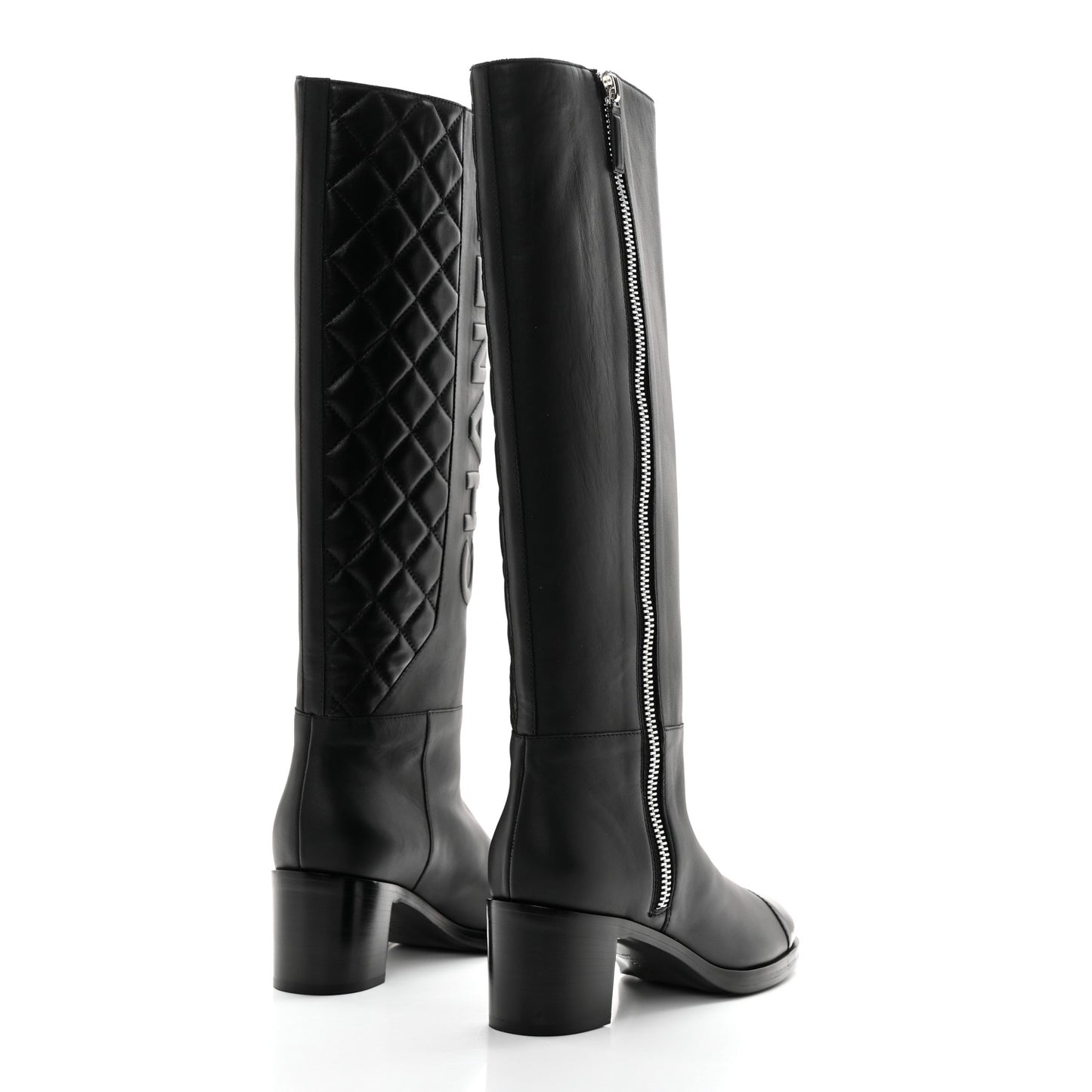 Calfskin Patent Cap Toe Quilted Logo Knee High Boots 38.5 Black