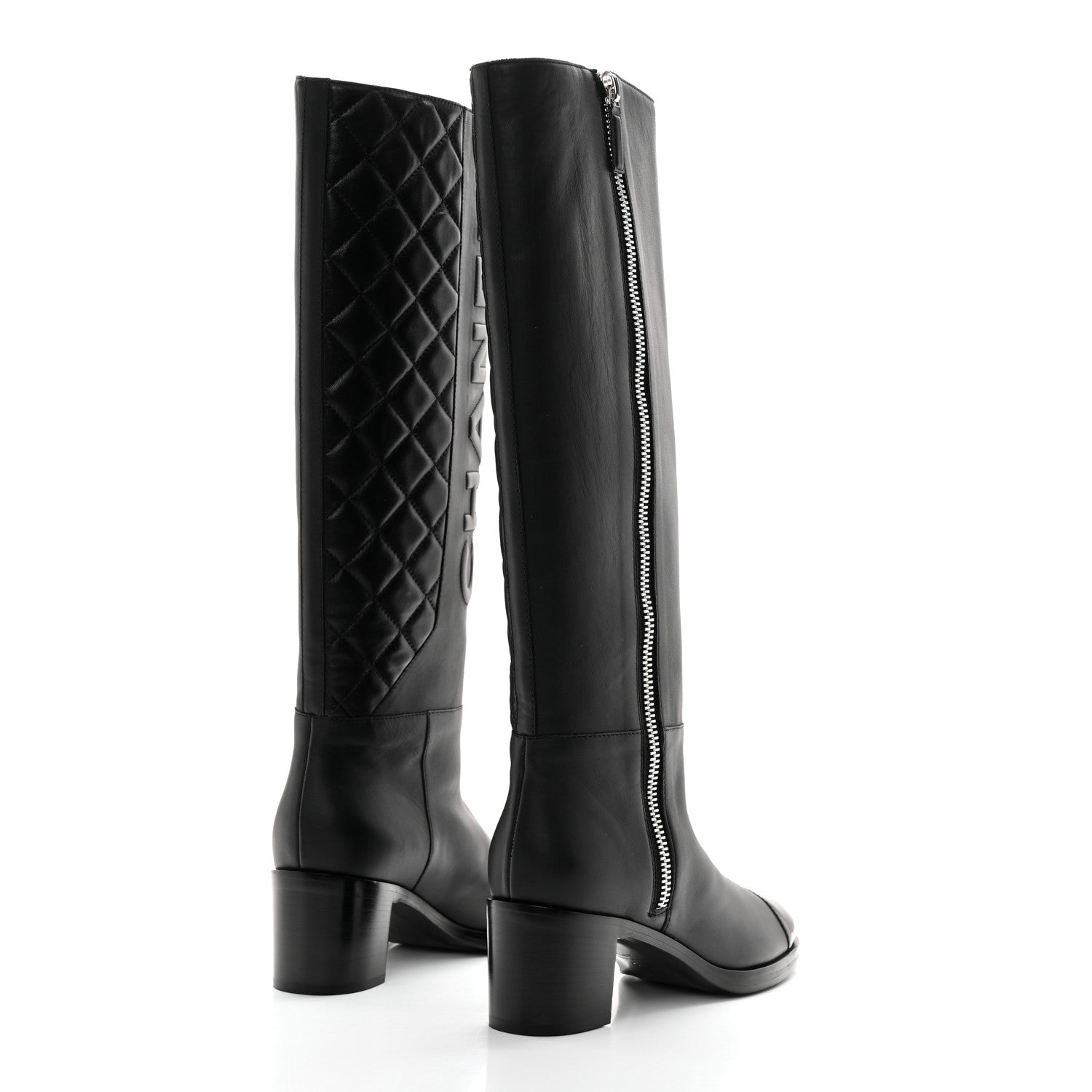 Chanel Calfskin Patent Cap Toe Quilted Logo Knee High Boots 38.5 Black 4 of 9