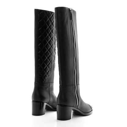 Chanel Calfskin Patent Cap Toe Quilted Logo Knee High Boots 38.5 Black 4 of 9