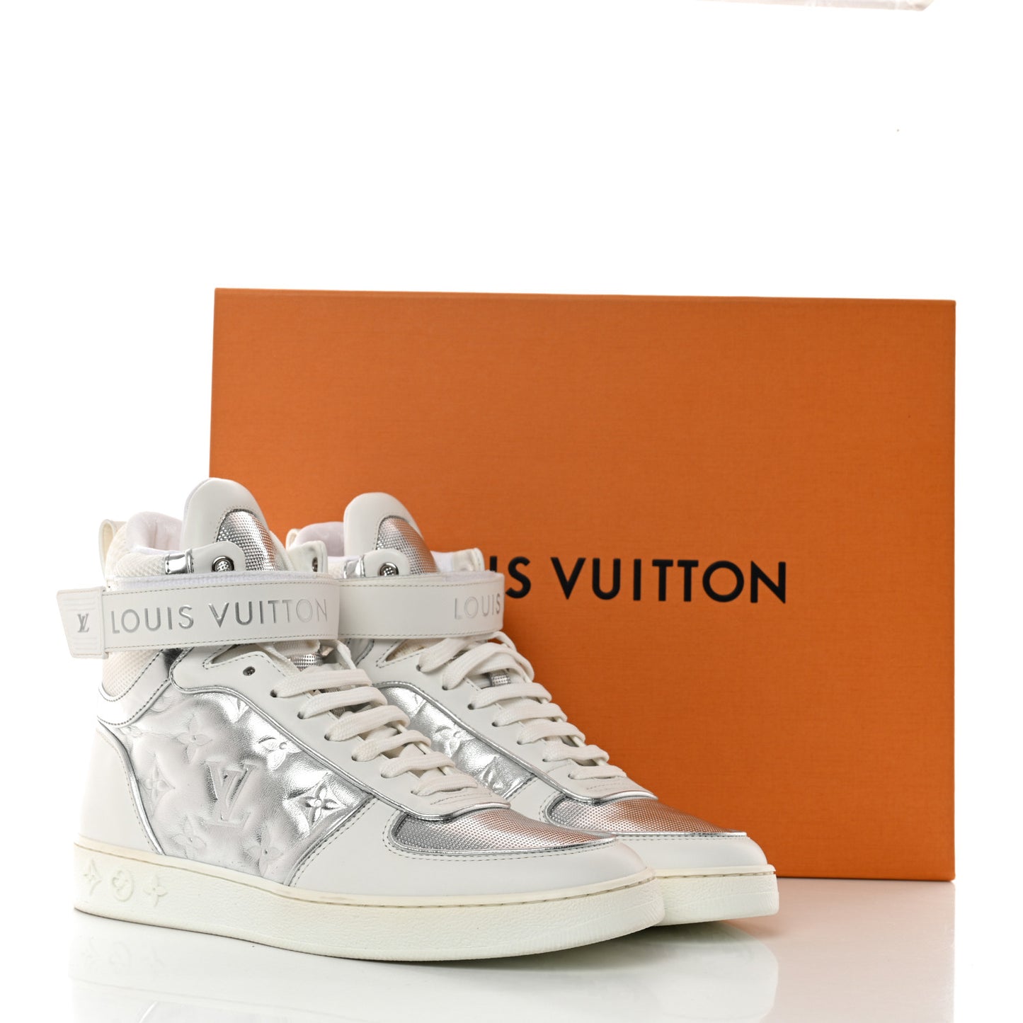 Metallic Calfskin Embossed Monogram Boombox Sneakers 36.5 White Silver