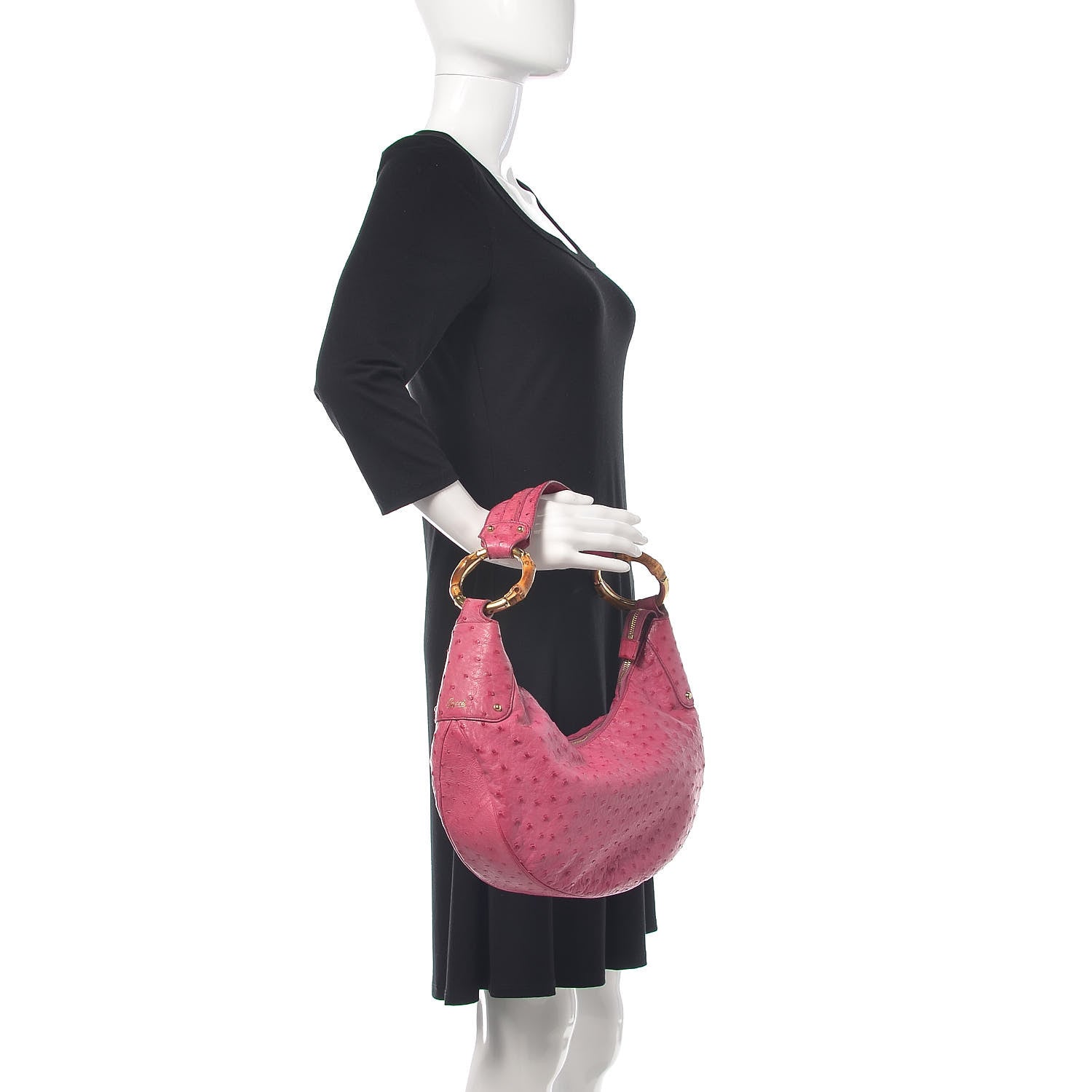 Gucci Ostrich Bamboo Ring Half Moon Hobo Pink 2 of 11
