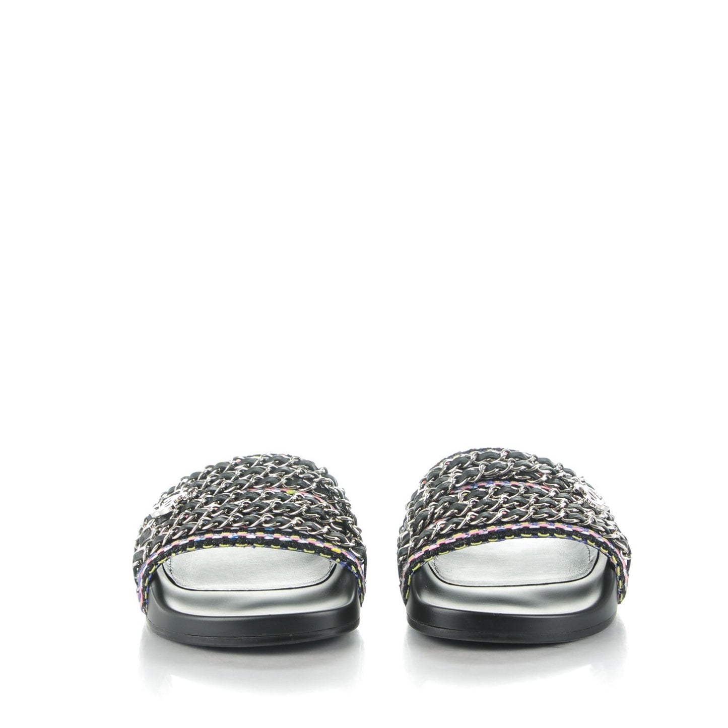 Tweed Lambskin Chain Flat Sandals 36 Black Multicolor