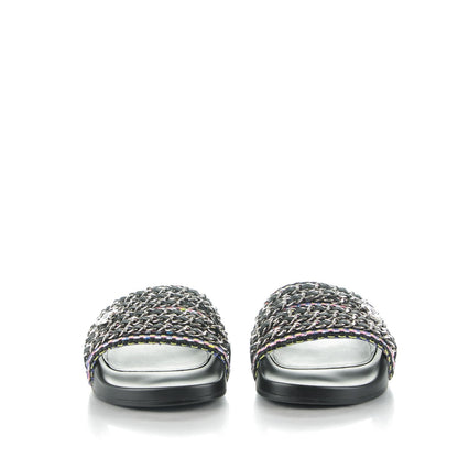 Chanel Tweed Lambskin Chain Flat Sandals 36 Black Multicolor 2 of 8