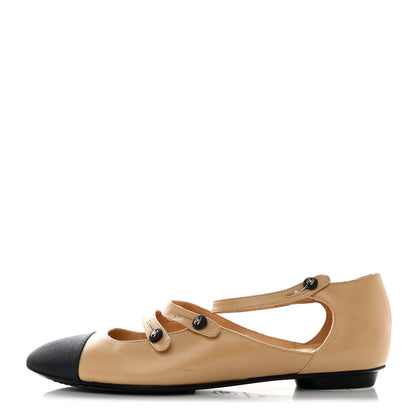 Chanel Goatskin Grosgrain Cap Toe Mary Jane Flats 36 Beige Black 1 of 12