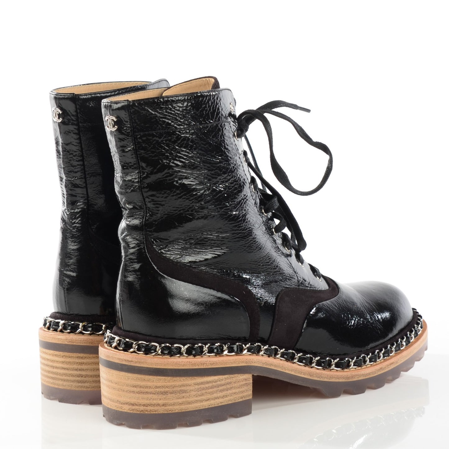 Patent Calfskin Chain Around Lace Up Boots 35.5 Black