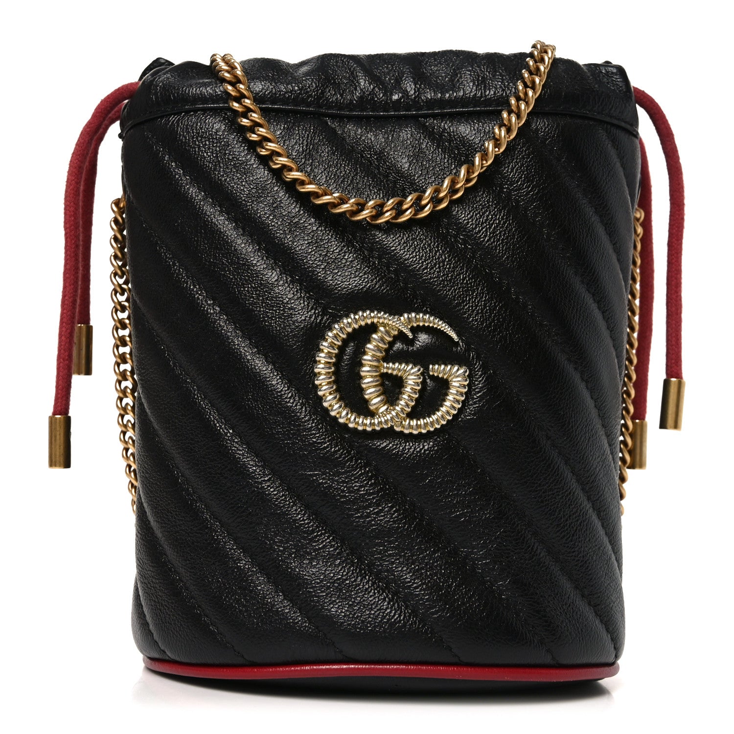 Gucci Vintage Effect Calfskin Matelasse Diagonal Mini Torchon GG Marmont 2.0 Bucket Bag Black Romantic Cherry 1 of 9
