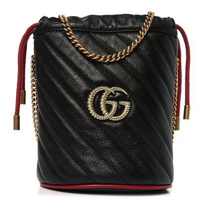 Gucci Vintage Effect Calfskin Matelasse Diagonal Mini Torchon GG Marmont 2.0 Bucket Bag Black Romantic Cherry 1 of 9