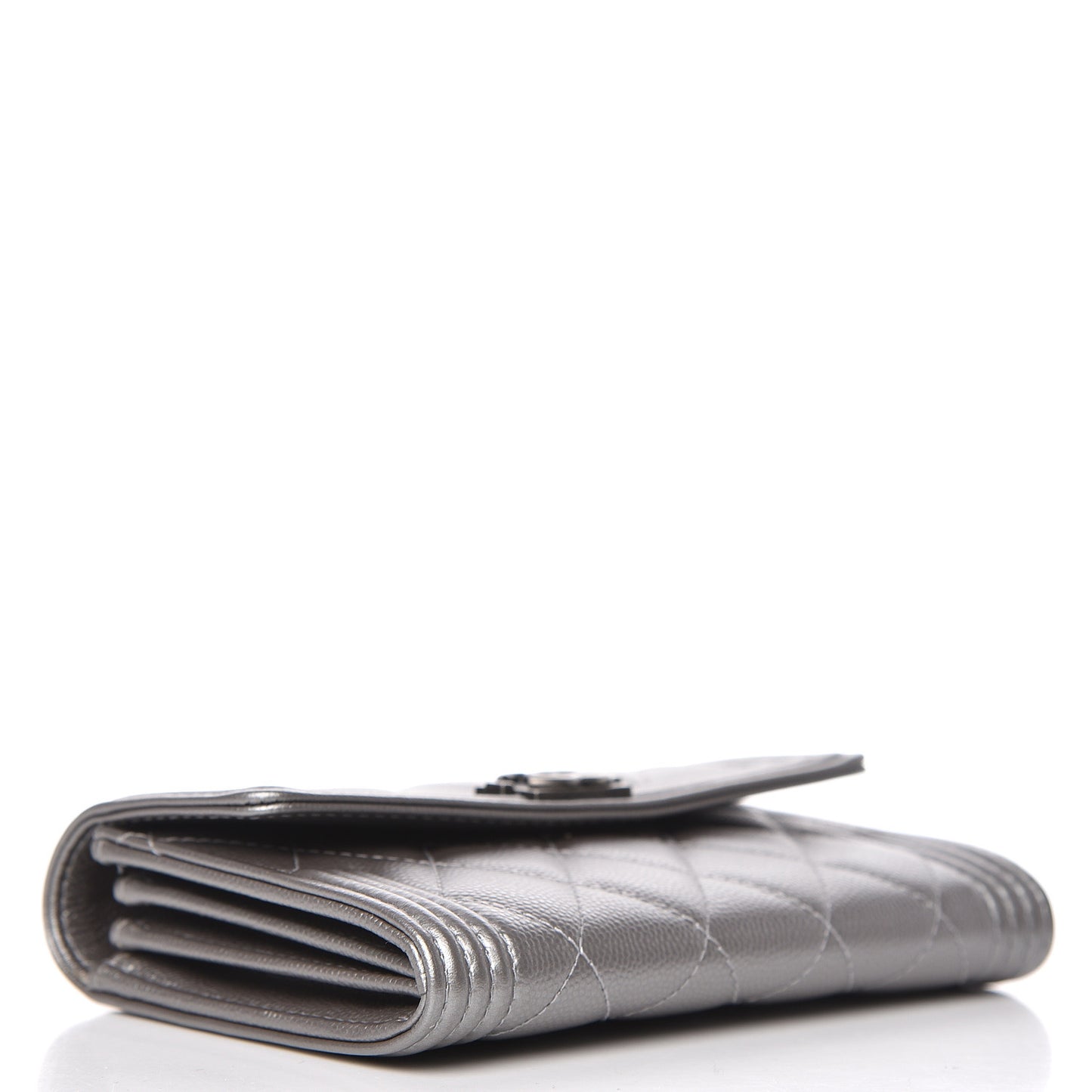 Metallic Caviar Quilted Medium Boy Flap Wallet Silver