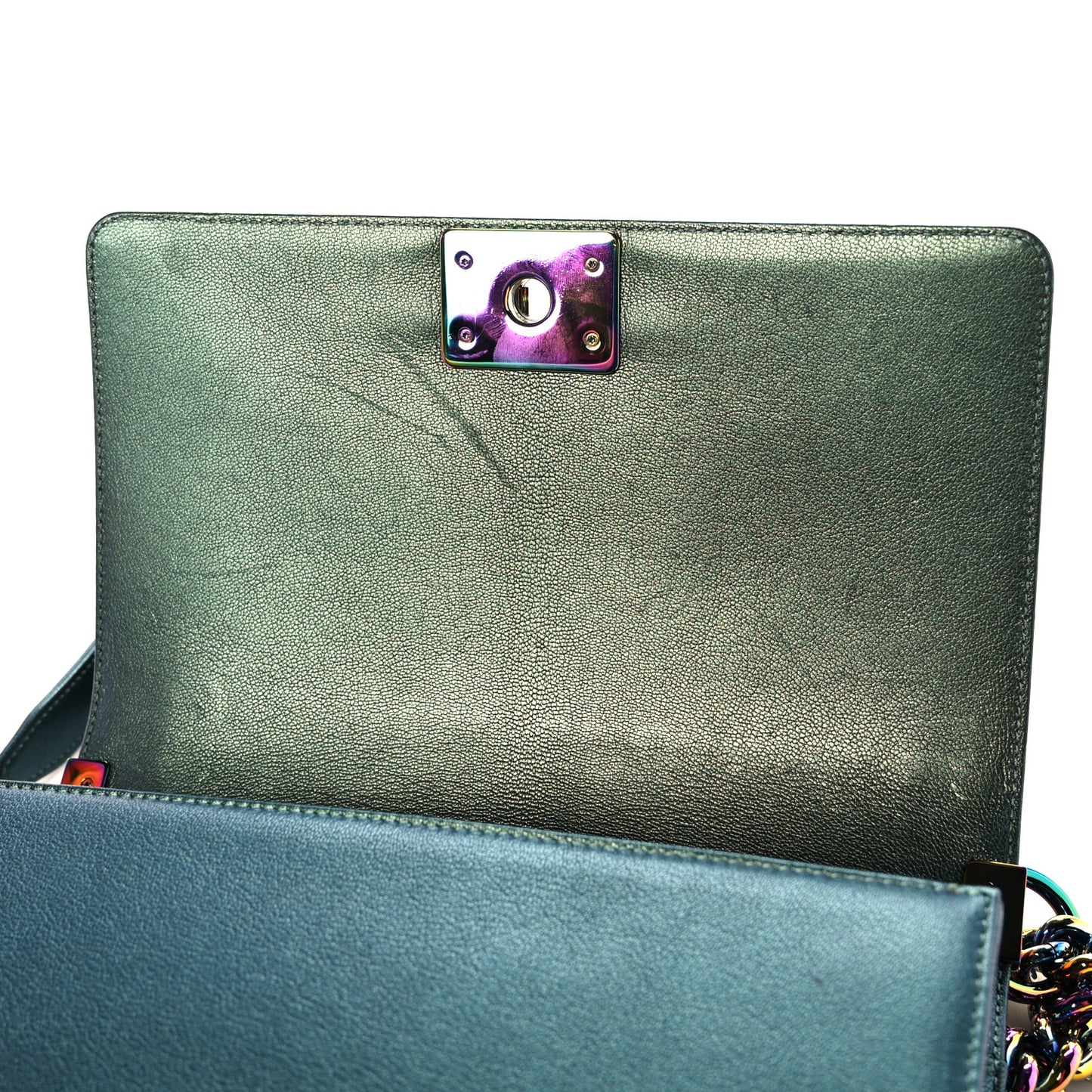 Iridescent Goatskin Quilted Medium Boy Flap Green