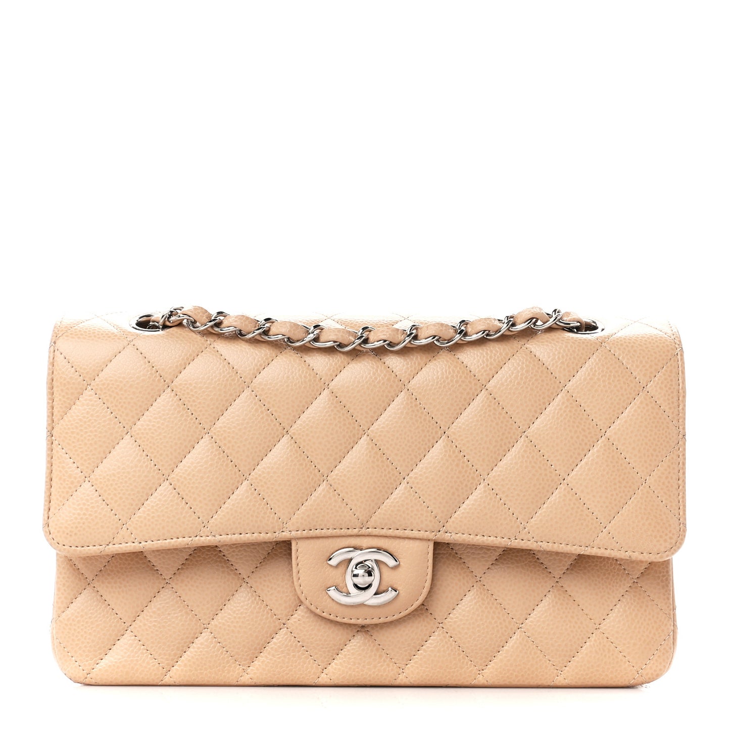Caviar Quilted Medium Double Flap Beige