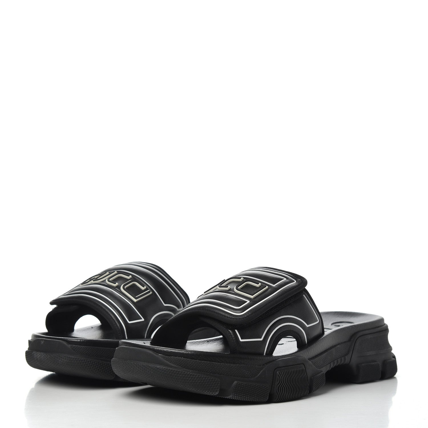 Gucci Nappa Grosgrain Logo Mens Velcro Chunky Slide Sandals 6 Black 3 of 12