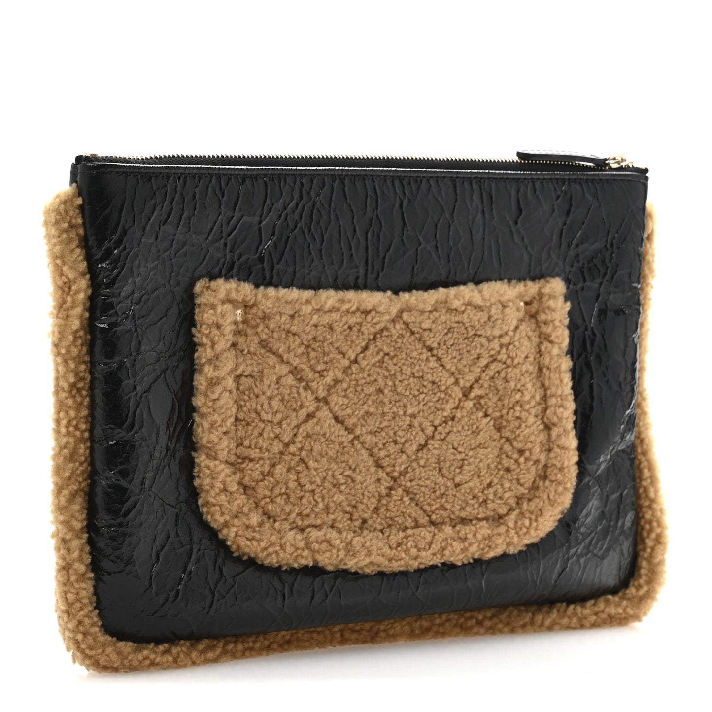 Shiny Crumpled Sheepskin Shearling CC Mania Zip Pouch Black Beige