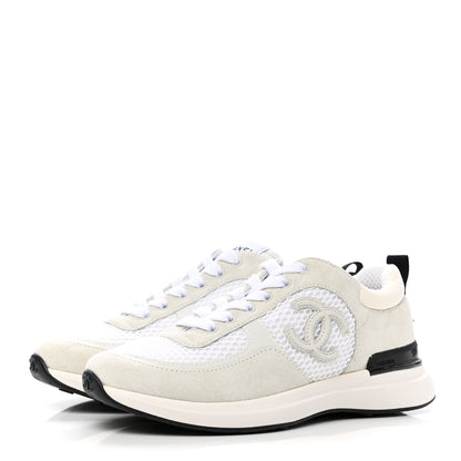 Chanel Calfskin Mesh Lycra Suede Womens Logo Sneakers 37 White 4 of 17