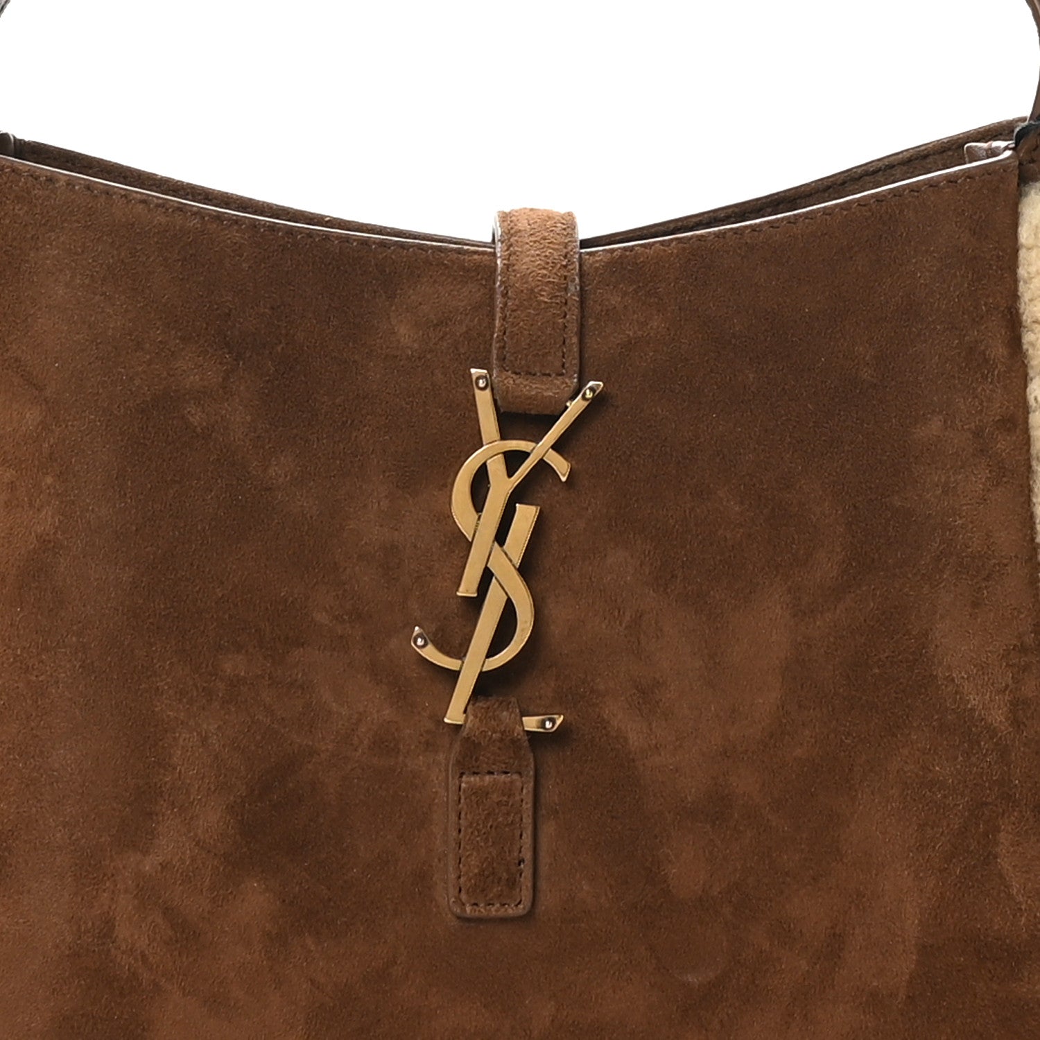 Saint Laurent Suede Shearling Small Le 5 A 7 Soft Hobo  Dark Sigaro Natural Beige 8 of 10