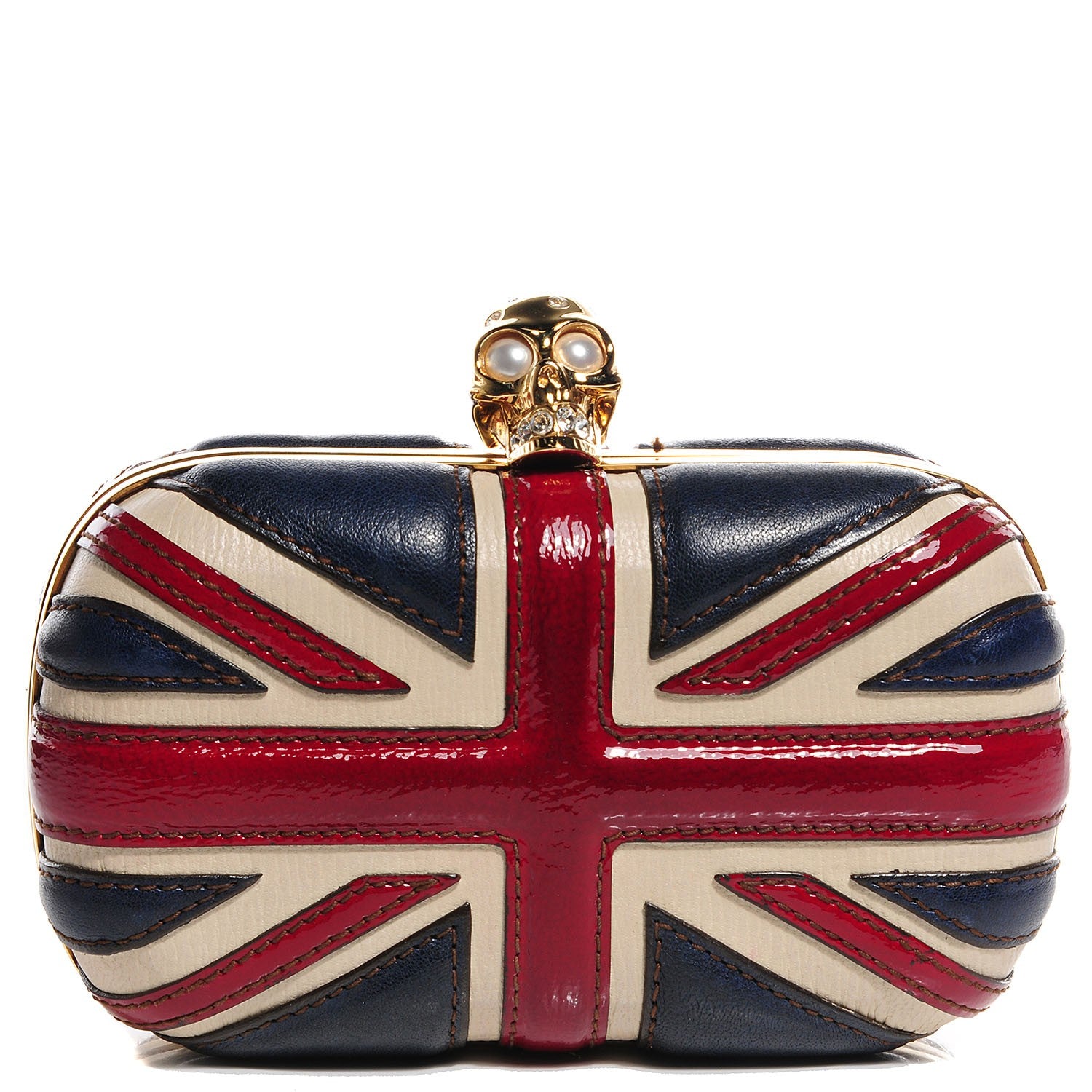 Alexander McQueen Patent Calfskin Britannia Skull Box Clutch Red Blue 1 of 7