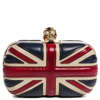 Alexander McQueen Patent Calfskin Britannia Skull Box Clutch Red Blue 1 of 7