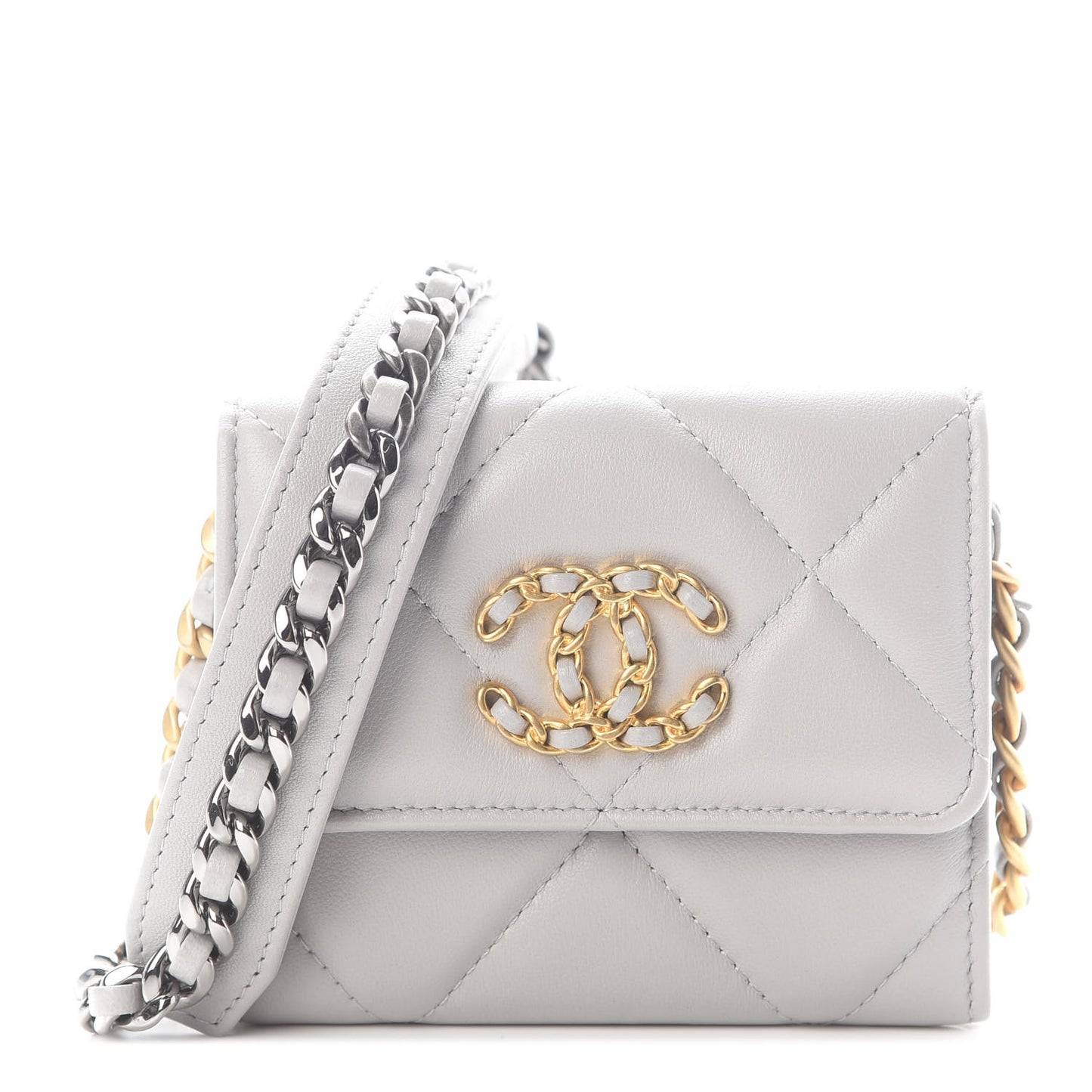 Lambskin Quilted Chanel 19 Flap Coin Purse With Chain Grey