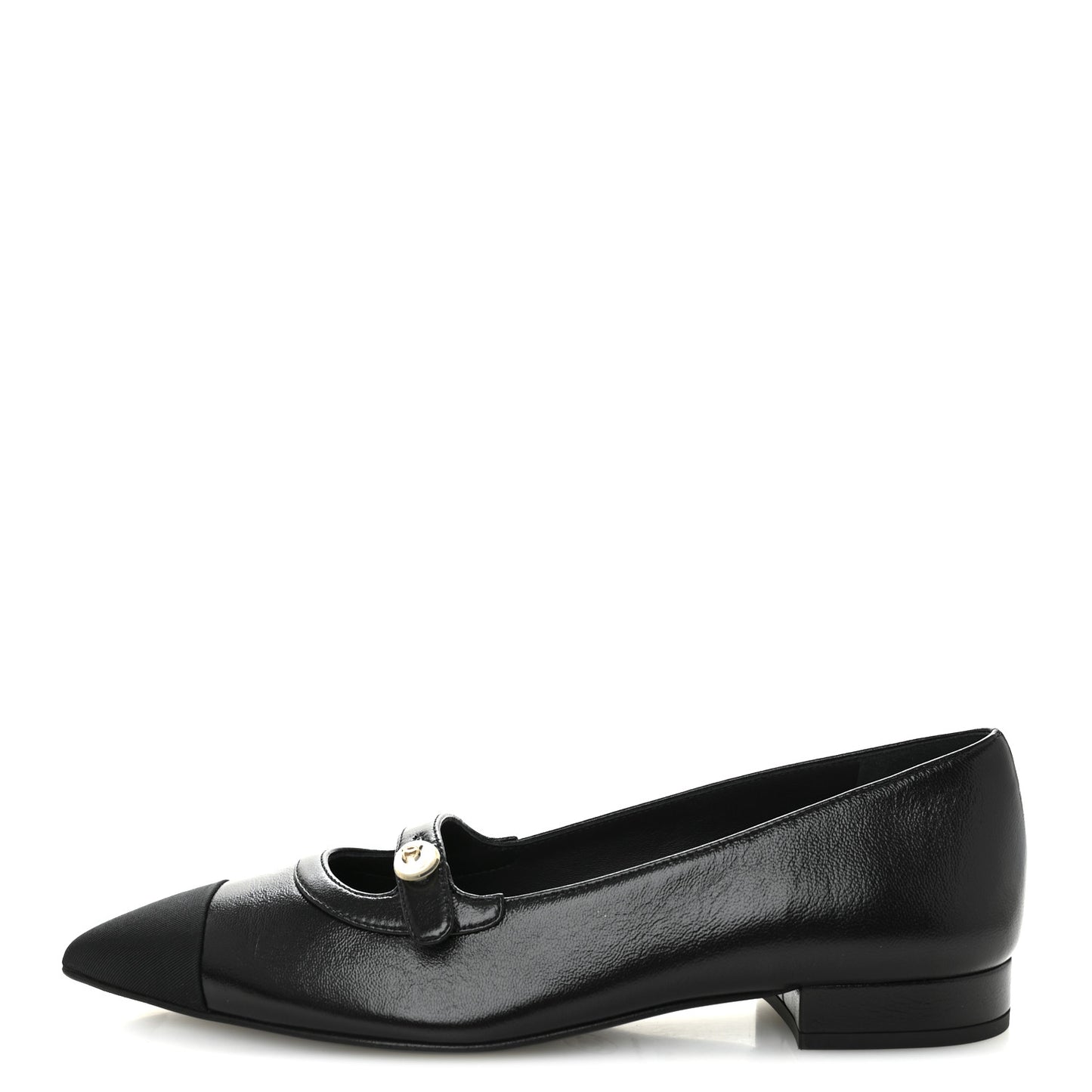 Shiny Lambskin Grosgrain Pearl Mary Jane Flats 36 Black
