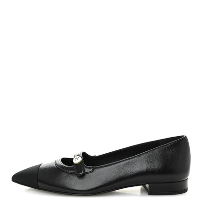 Chanel Shiny Lambskin Grosgrain Pearl Mary Jane Flats 36 Black 1 of 9
