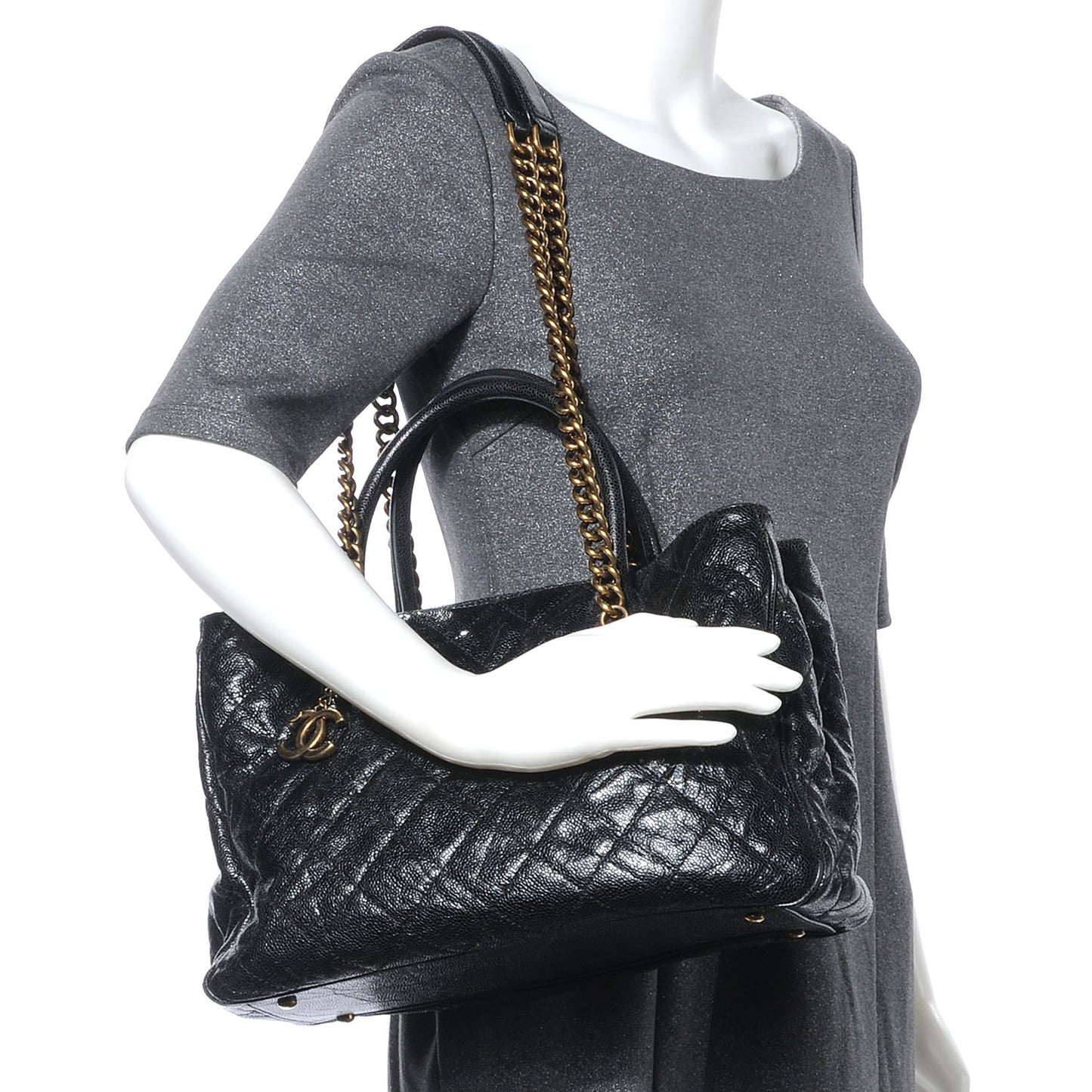 Glazed Calfskin Quilted Shiva Tote Black