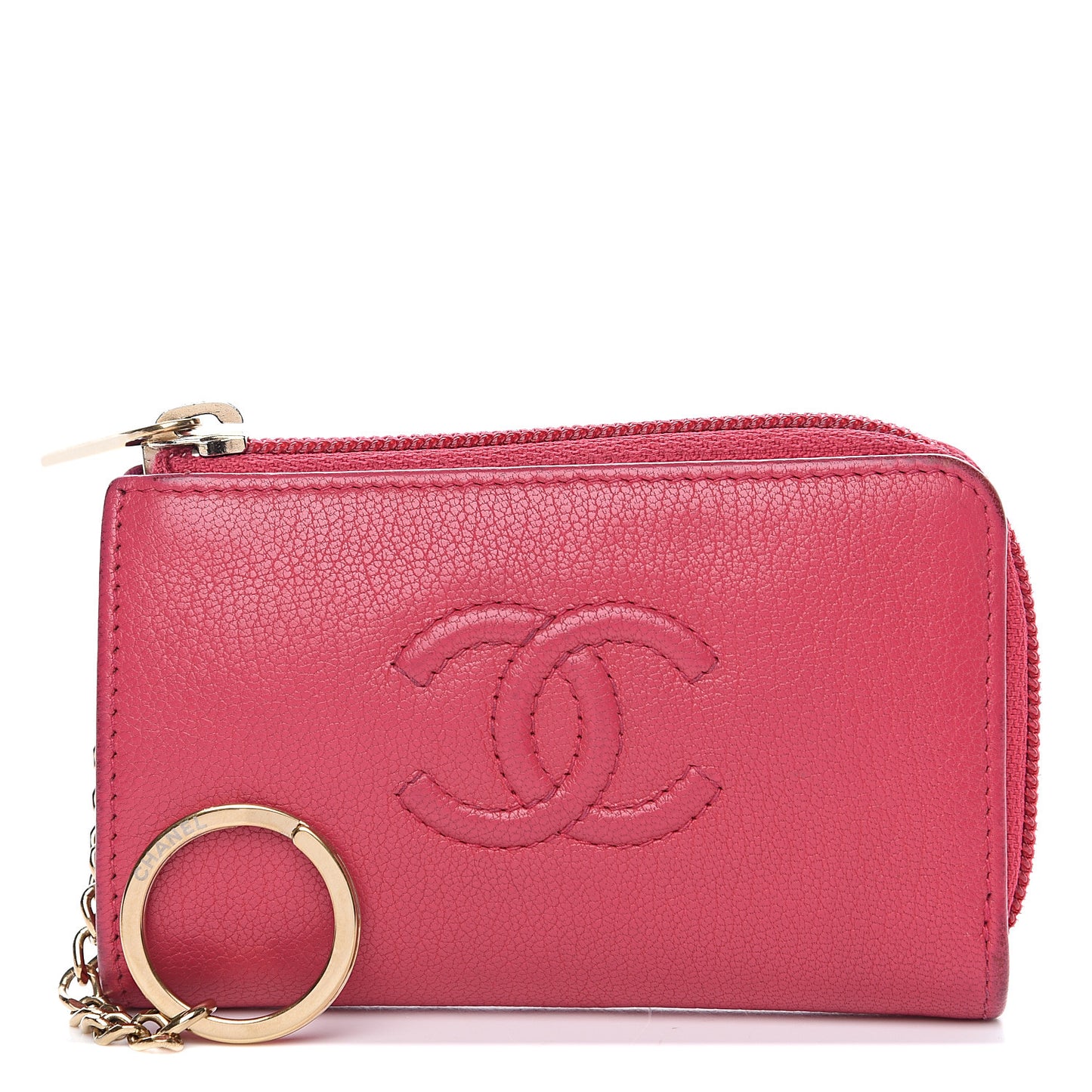 Calfskin Chain CC Key Holder Case Dark Pink