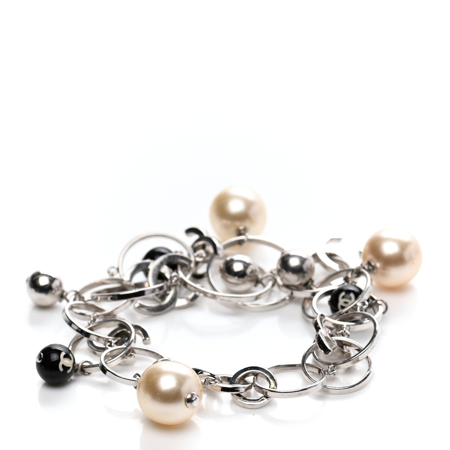 Enamel Pearl Beaded CC Bracelet Black Silver