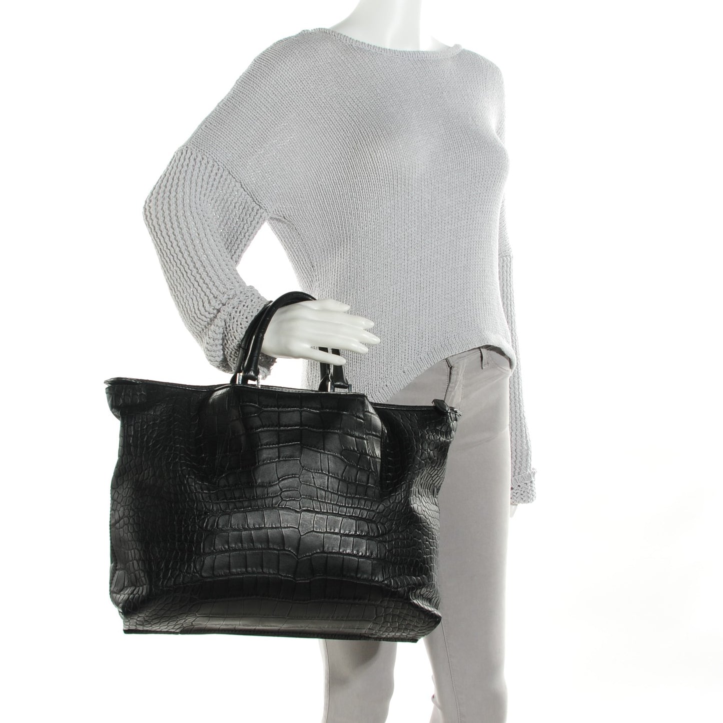 Calfskin Crocodile Embossed Small Liner Tote Black