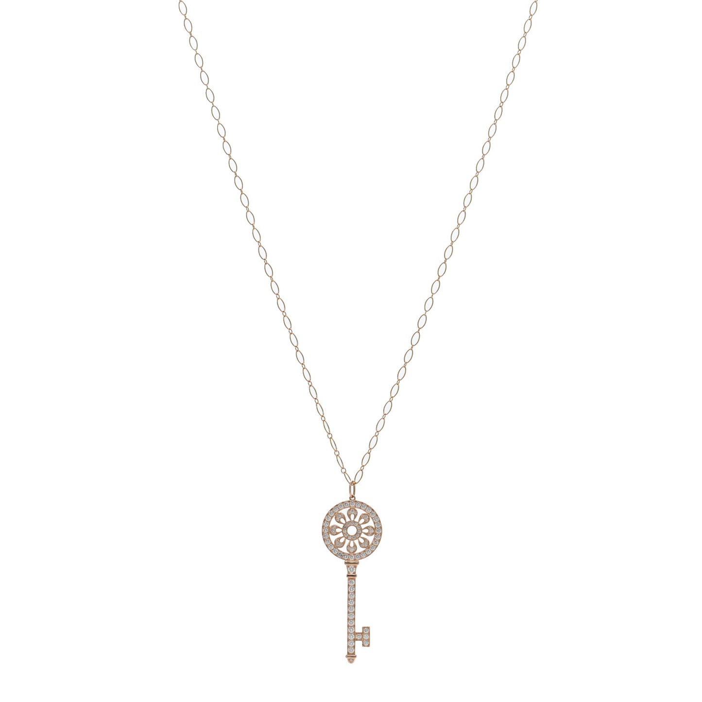 18K Rose Gold Diamond Petals Key Pendant Oval Link Necklace