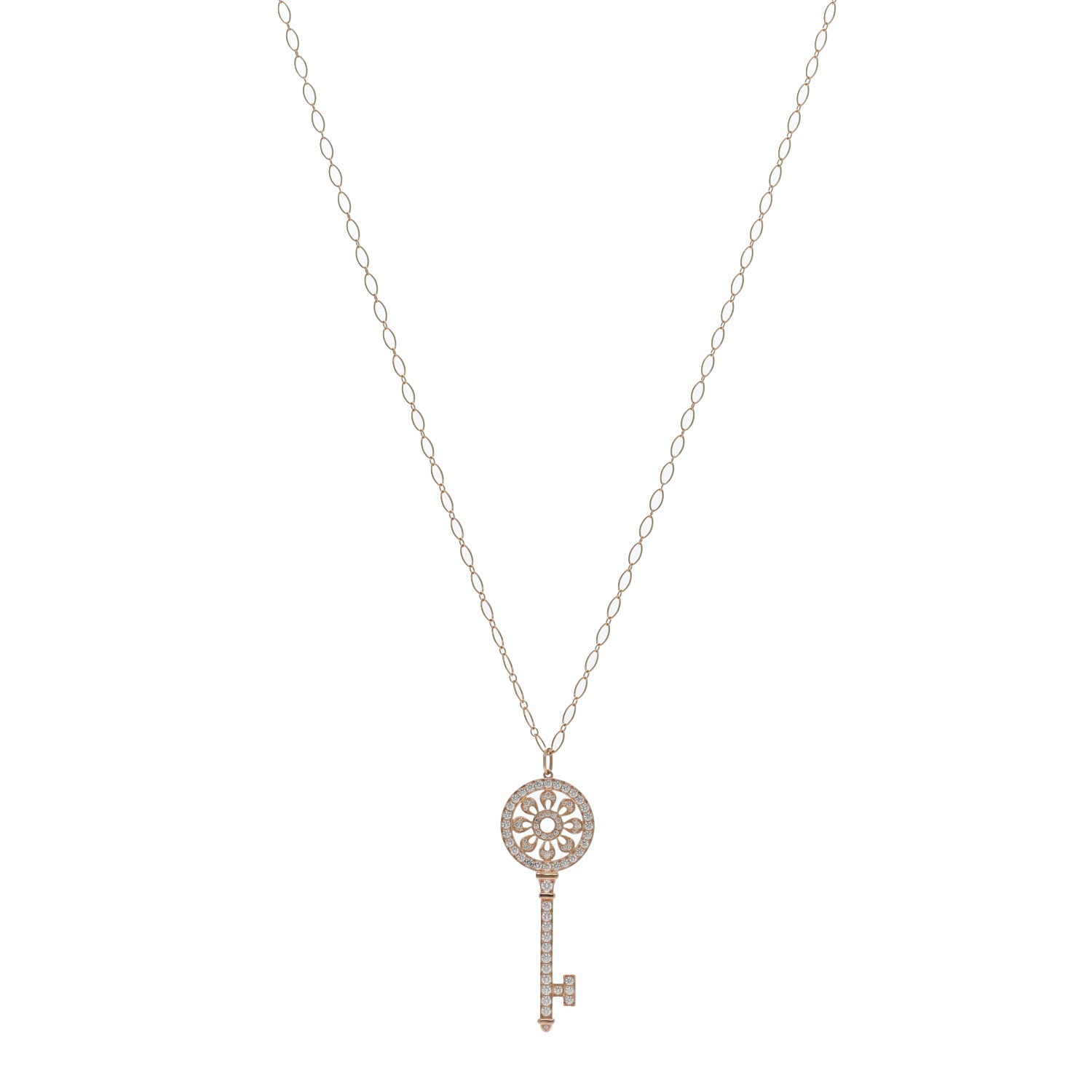 Tiffany 18K Rose Gold Diamond Petals Key Pendant Oval Link Necklace 1 of 4