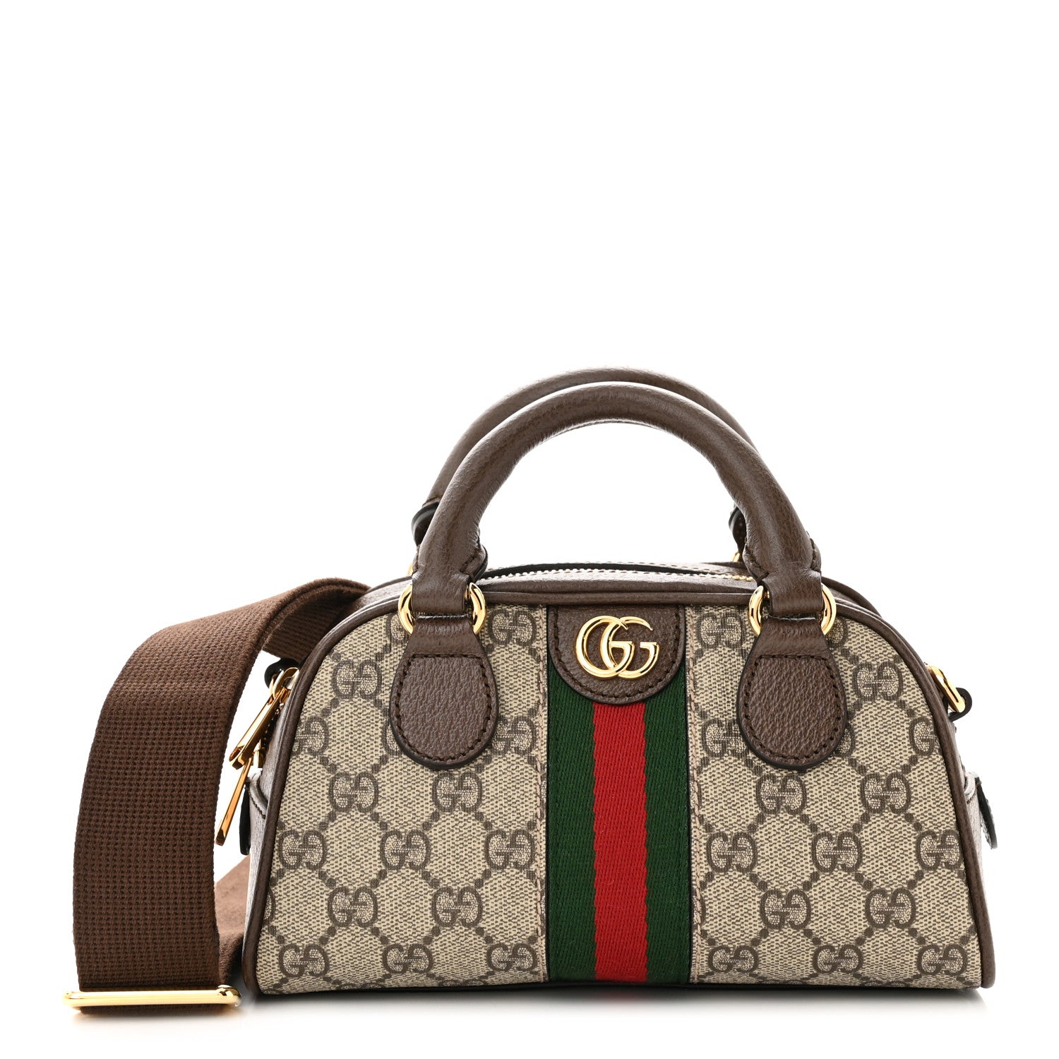 Gucci GG Supreme Monogram Textured Dollar Calfskin Web Mini Ophidia Top Handle Bowler Bag Beige Ebony New Acero 1 of 14