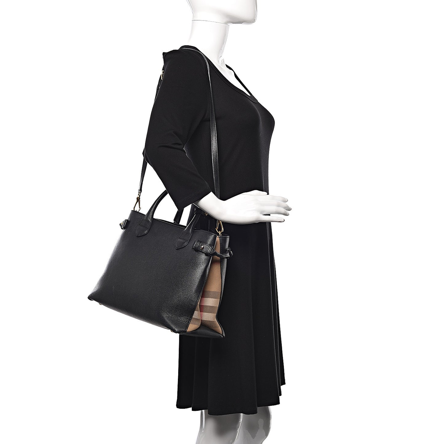 Grainy Calfskin House Check Medium Banner Tote Black