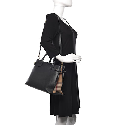 Burberry Grainy Calfskin House Check Medium Banner Tote Black 2 of 18
