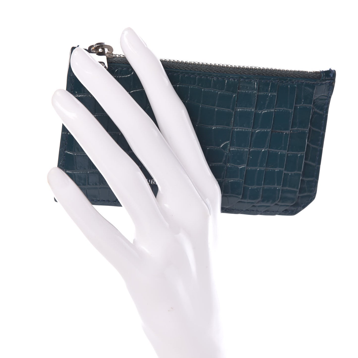 Calfskin Crocodile Embossed 5 Fragments Zip Card Case Dark Green