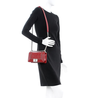 Chanel Aged Calfskin Chevron Small Jacket Boy Flap Red 2 of 8