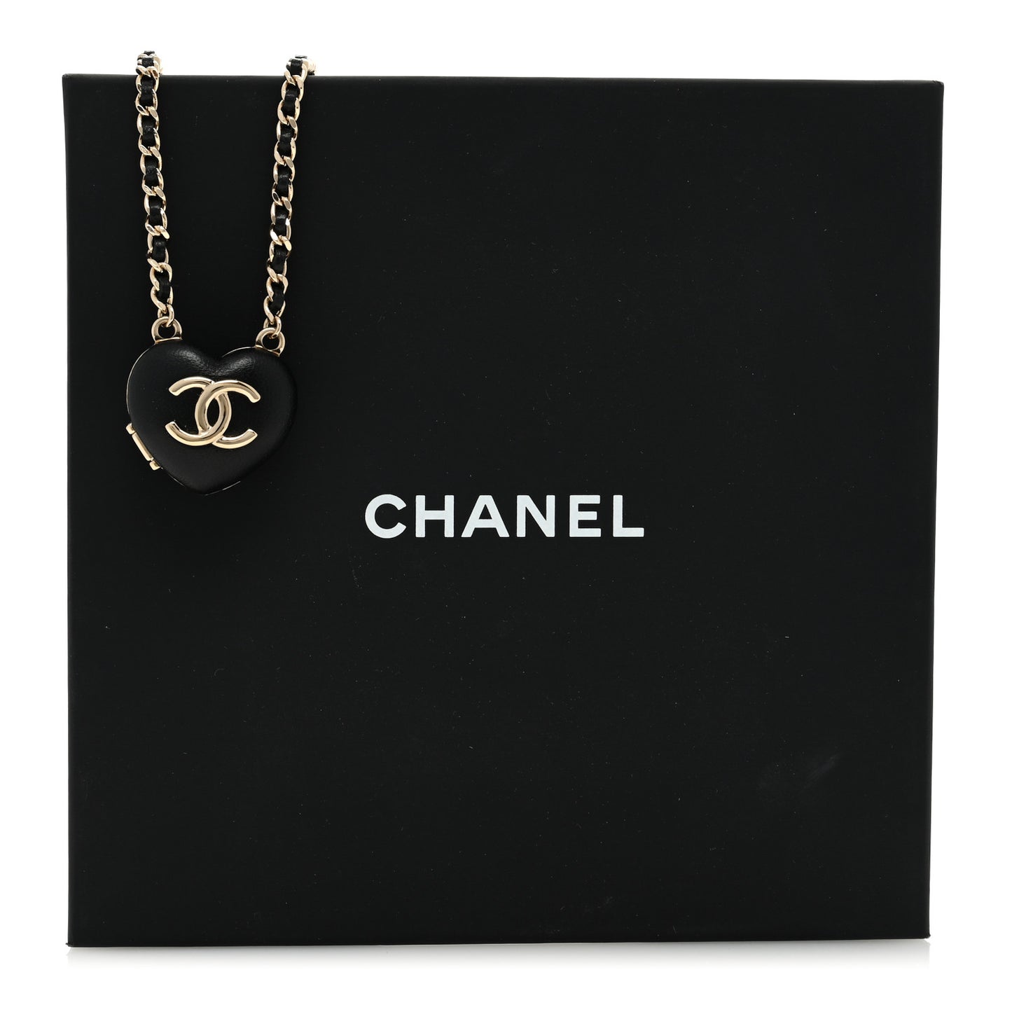 Lambskin CC Heart Mirror Locket Necklace Gold Black