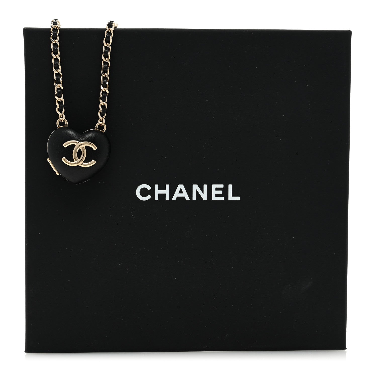 Chanel Lambskin CC Heart Mirror Locket Necklace Gold Black 5 of 6