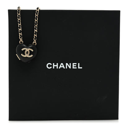 Chanel Lambskin CC Heart Mirror Locket Necklace Gold Black 5 of 6